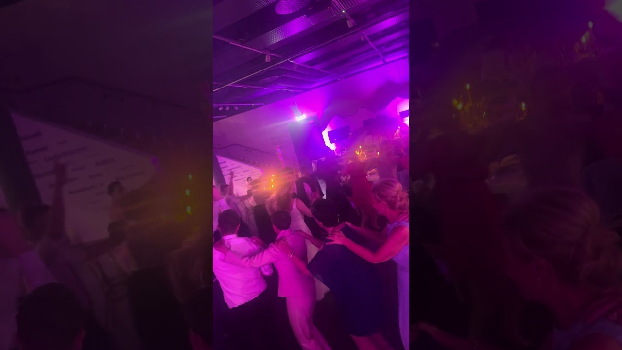 Hochzeitsgäste tanzen gemeinsam unter magentafarbenem Licht